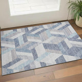 3' X 5' Denim Blue Ivory And Gray Geometric Washable Area Rug With UV Protection