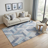 5' X 8' Denim Blue Ivory And Gray Geometric Washable Area Rug With UV Protection