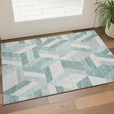 3' X 5' Teal Ivory And Gray Geometric Washable Area Rug With UV Protection