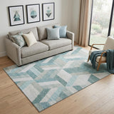 5' X 8' Teal Ivory And Gray Geometric Washable Area Rug With UV Protection
