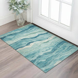 3' X 5' Turquoise And Ivory Striped Washable Area Rug With UV Protection