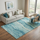 5' X 8' Turquoise And Ivory Striped Washable Area Rug With UV Protection