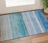 3' X 5' Sky Blue Beige And Ivory Striped Washable Area Rug With UV Protection
