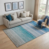 5' X 8' Sky Blue Beige And Ivory Striped Washable Area Rug With UV Protection