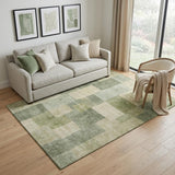 5' X 8' Artichoke Green And Beige Geometric Washable Area Rug With UV Protection