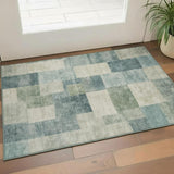 3' X 5' Pale Aqua Blue And Ivory Geometric Washable Area Rug With UV Protection