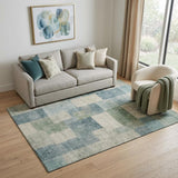 5' X 8' Pale Aqua Blue And Ivory Geometric Washable Area Rug With UV Protection