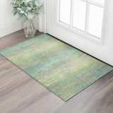 3' X 5' Artichoke Green Blue And Copper Striped Washable Area Rug With UV Protection