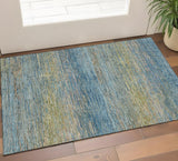3' X 5' Denim Blue And Olive Green Striped Washable Area Rug With UV Protection