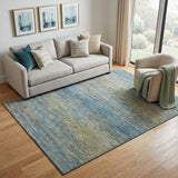 5' X 8' Denim Blue And Olive Green Striped Washable Area Rug With UV Protection