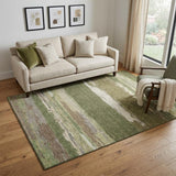 5' X 8' Olive Green Silver And Brown Abstract Washable Area Rug With UV Protection