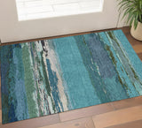 3' X 5' Teal Green And Ivory Abstract Washable Area Rug With UV Protection