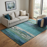 5' X 8' Teal Green And Ivory Abstract Washable Area Rug With UV Protection