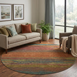 8' X 8' Terra Cotta Teal And Green Abstract Washable Round Rug With UV Protection