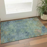 3' X 5' Blue Green And Beige Abstract Washable Area Rug With UV Protection