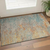 3' X 5' Teal Peach And Gold Abstract Washable Area Rug With UV Protection