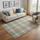 5' X 8' Taupe Ivory And Teal Plaid Washable Area Rug With UV Protection