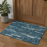 3' X 5' Blue And Ivory Striped Washable Area Rug With UV Protection
