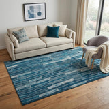 5' X 8' Blue And Ivory Striped Washable Area Rug With UV Protection