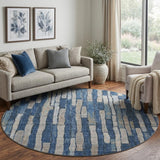 8' X 8' Navy Blue And Gray Striped Washable Round Rug With UV Protection