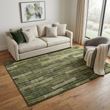 5' X 8' Olive Green And Beige Striped Washable Area Rug With UV Protection
