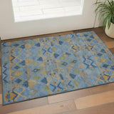 3' X 5' Denim Blue Peach And Green Geometric Washable Area Rug With UV Protection