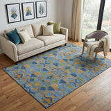 5' X 8' Denim Blue Peach And Green Geometric Washable Area Rug With UV Protection