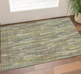 3' X 5' Artichoke Green Copper And Beige Striped Washable Area Rug With UV Protection