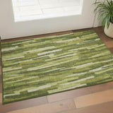 3' X 5' Green And Ivory Striped Washable Area Rug With UV Protection