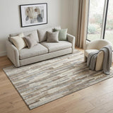 5' X 8' Ivory Gray And Brown Striped Washable Area Rug With UV Protection