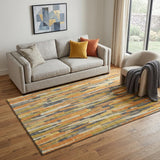 5' X 8' Orange Gold And Ivory Striped Washable Area Rug With UV Protection