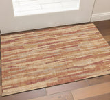 3' X 5' Salmon Brick Red And Gold Striped Washable Area Rug With UV Protection