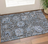 3' X 5' Denim Blue Gray And Silver Damask Washable Area Rug With UV Protection