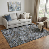 5' X 8' Denim Blue Gray And Silver Damask Washable Area Rug With UV Protection