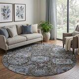 8' X 8' Denim Blue Gray And Silver Damask Washable Round Rug With UV Protection