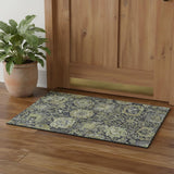 3' X 5' Fern Green Navy Blue And Ivory Damask Washable Area Rug With UV Protection