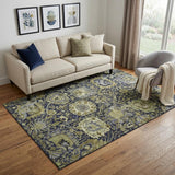 5' X 8' Fern Green Navy Blue And Ivory Damask Washable Area Rug With UV Protection