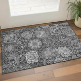 3' X 5' Gray Silver And Charcoal Damask Washable Area Rug With UV Protection