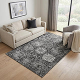 5' X 8' Gray Silver And Charcoal Damask Washable Area Rug With UV Protection