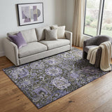 5' X 8' Purple Gray And Silver Damask Washable Area Rug With UV Protection