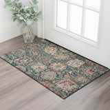 3' X 5' Salmon Teal And Peach Damask Washable Area Rug With UV Protection