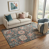 5' X 8' Salmon Teal And Peach Damask Washable Area Rug With UV Protection