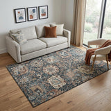 5' X 8' Taupe Teal And Brown Floral Washable Area Rug With UV Protection