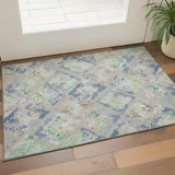 3' X 5' Beige Green And Blue Geometric Washable Area Rug With UV Protection