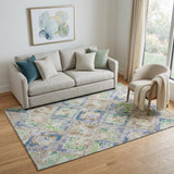 5' X 8' Beige Green And Blue Geometric Washable Area Rug With UV Protection