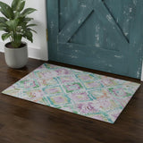 3' X 5' Lavender Teal And Orange Geometric Washable Area Rug With UV Protection