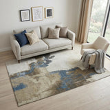 5' X 8' Beige Blue And Ivory Abstract Washable Area Rug With UV Protection