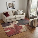5' X 8' Brick Red Mauve And Beige Abstract Washable Area Rug With UV Protection