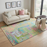 5' X 8' Pink Teal And Lime Green Abstract Washable Area Rug With UV Protection