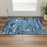 3' X 5' Navy Blue And Ivory Abstract Washable Area Rug With UV Protection